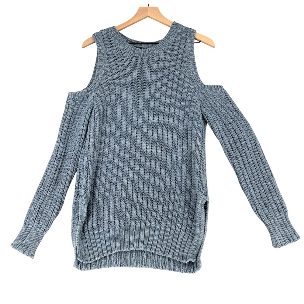 BCBGMAXAZRIA Blue Cold Shoulder Sweater Women Medium Chunky Knit Italy Textured - Picture 3 of 13